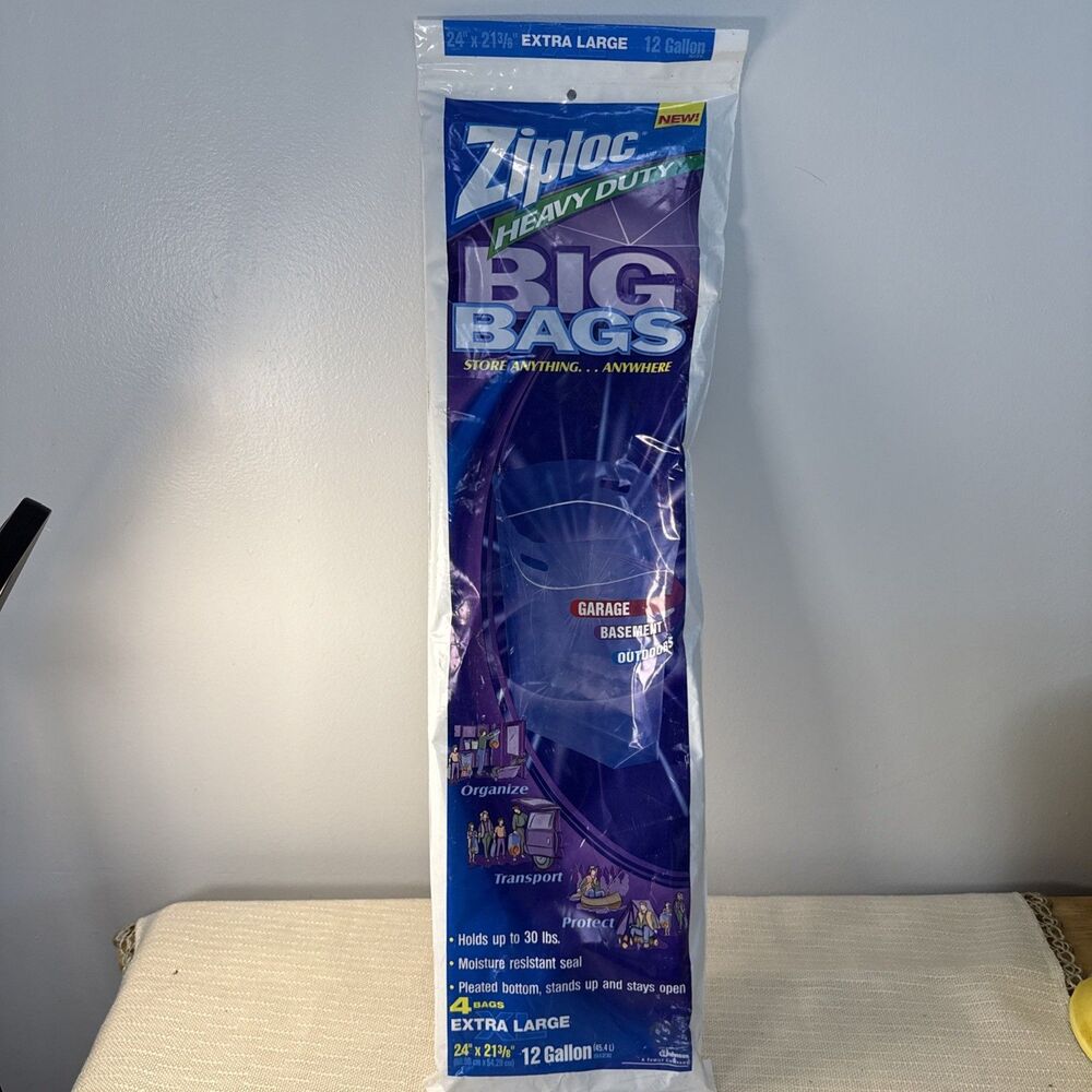 Ziploc Heavy Duty Big Bags 4 Count EXTRA LARGE 12 Gallon- 24” X 21 3/8” New
